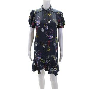 Tanya Taylor Womens Silk Floral Collared Button-Down Shirt Blue Size 4